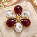 Burgundy & Pearl Flower Cluster Crystal Gold Brooch (MES100125)