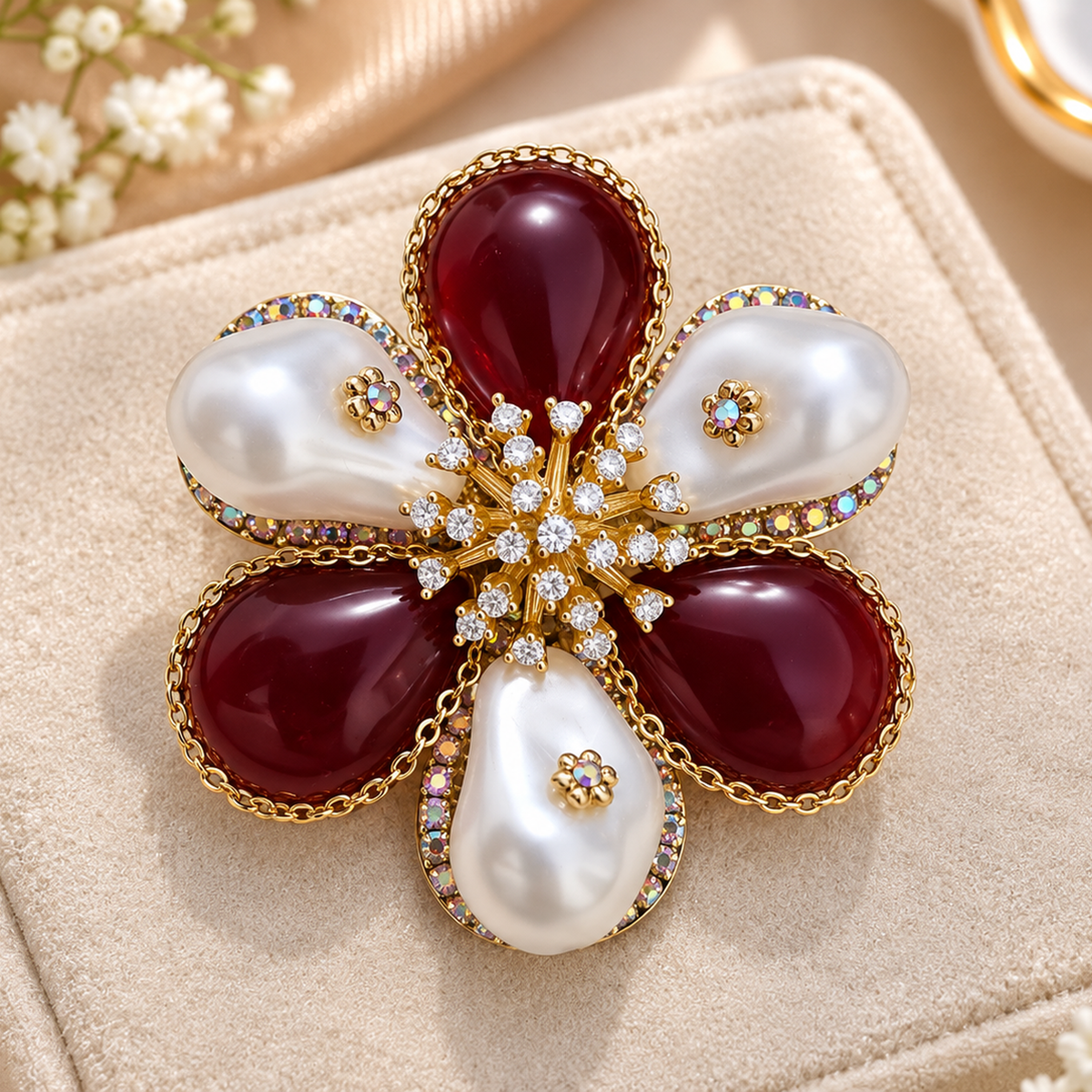Burgundy & Pearl Flower Cluster Crystal Gold Brooch (MES100125)