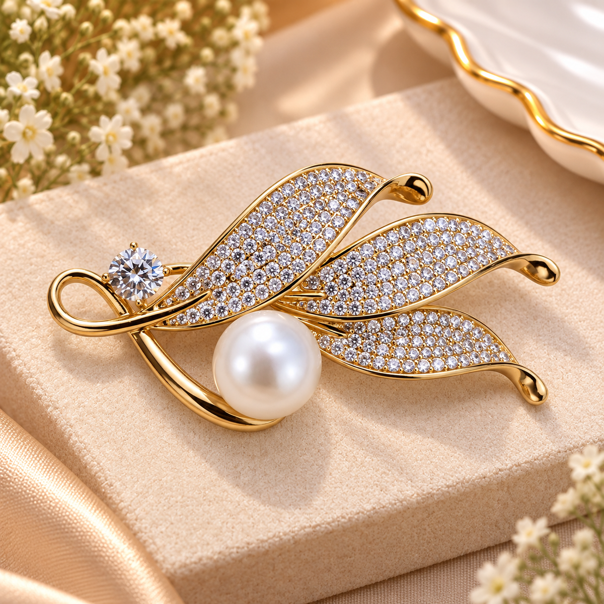 Triple Leaf Pave & Pearl Gold Brooch (MES100126)