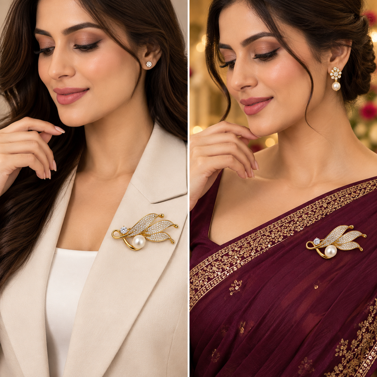 Triple Leaf Pave & Pearl Gold Brooch (MES100126)