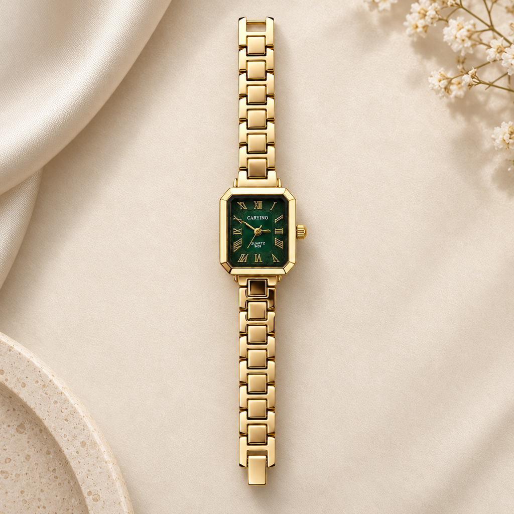 Emerald Green Octagonal Dial Gold Link Bracelet Watch (MES100127)