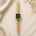 Emerald Green Octagonal Dial Gold Link Bracelet Watch (MES100127)