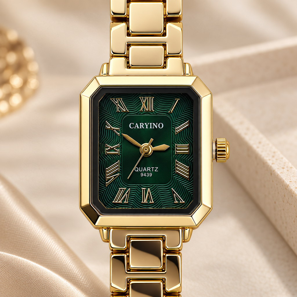 Emerald Green Octagonal Dial Gold Link Bracelet Watch (MES100127)