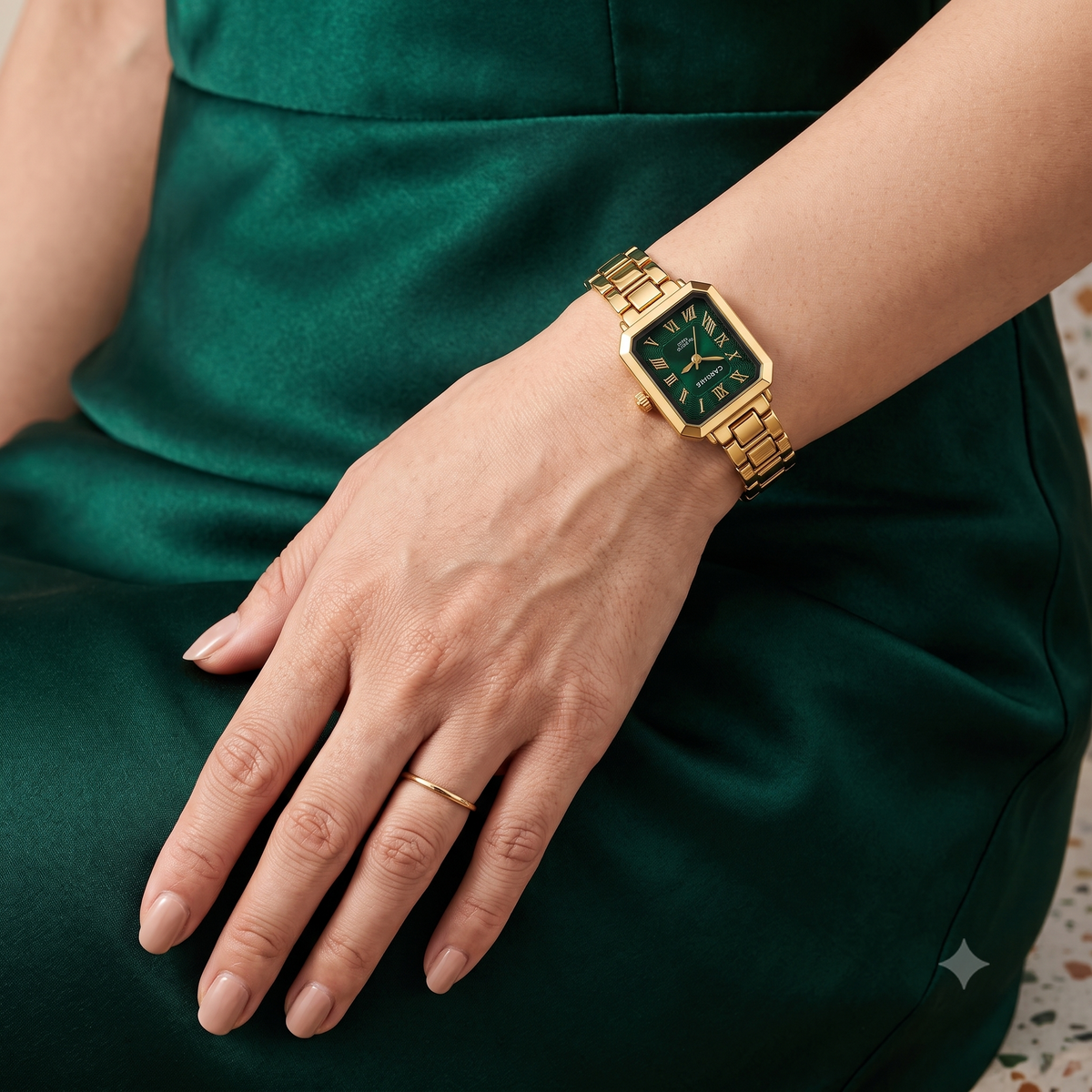 Emerald Green Octagonal Dial Gold Link Bracelet Watch (MES100127)