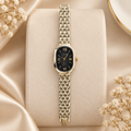 Minimalist Oval Black Dial Gold Mesh Bracelet Watch (MES100128)