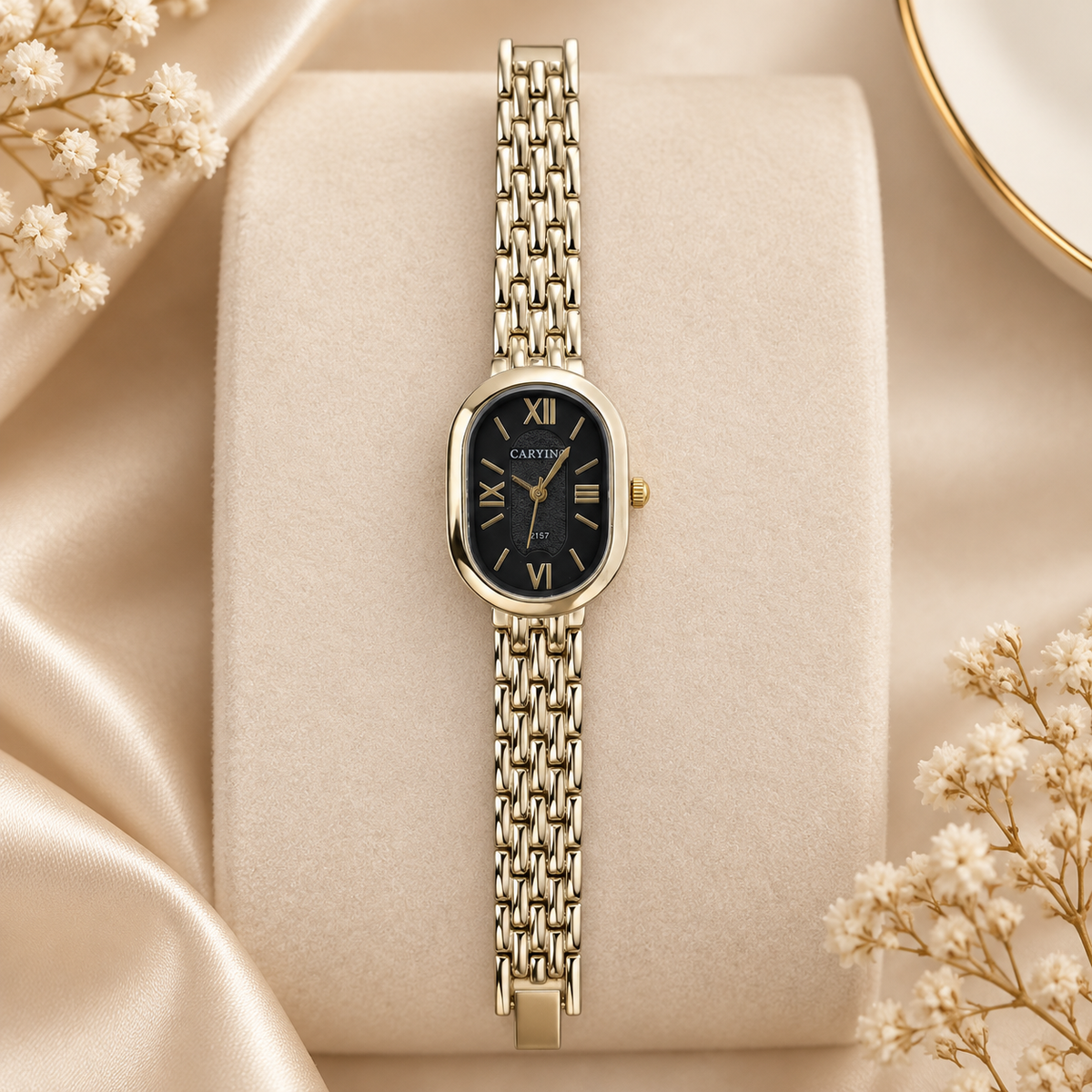 Minimalist Oval Black Dial Gold Mesh Bracelet Watch (MES100128)