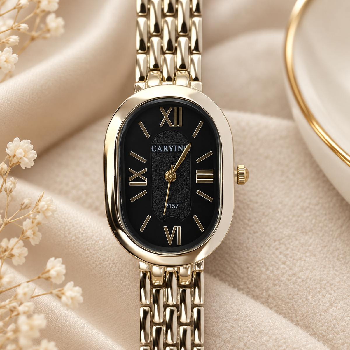 Minimalist Oval Black Dial Gold Mesh Bracelet Watch (MES100128)