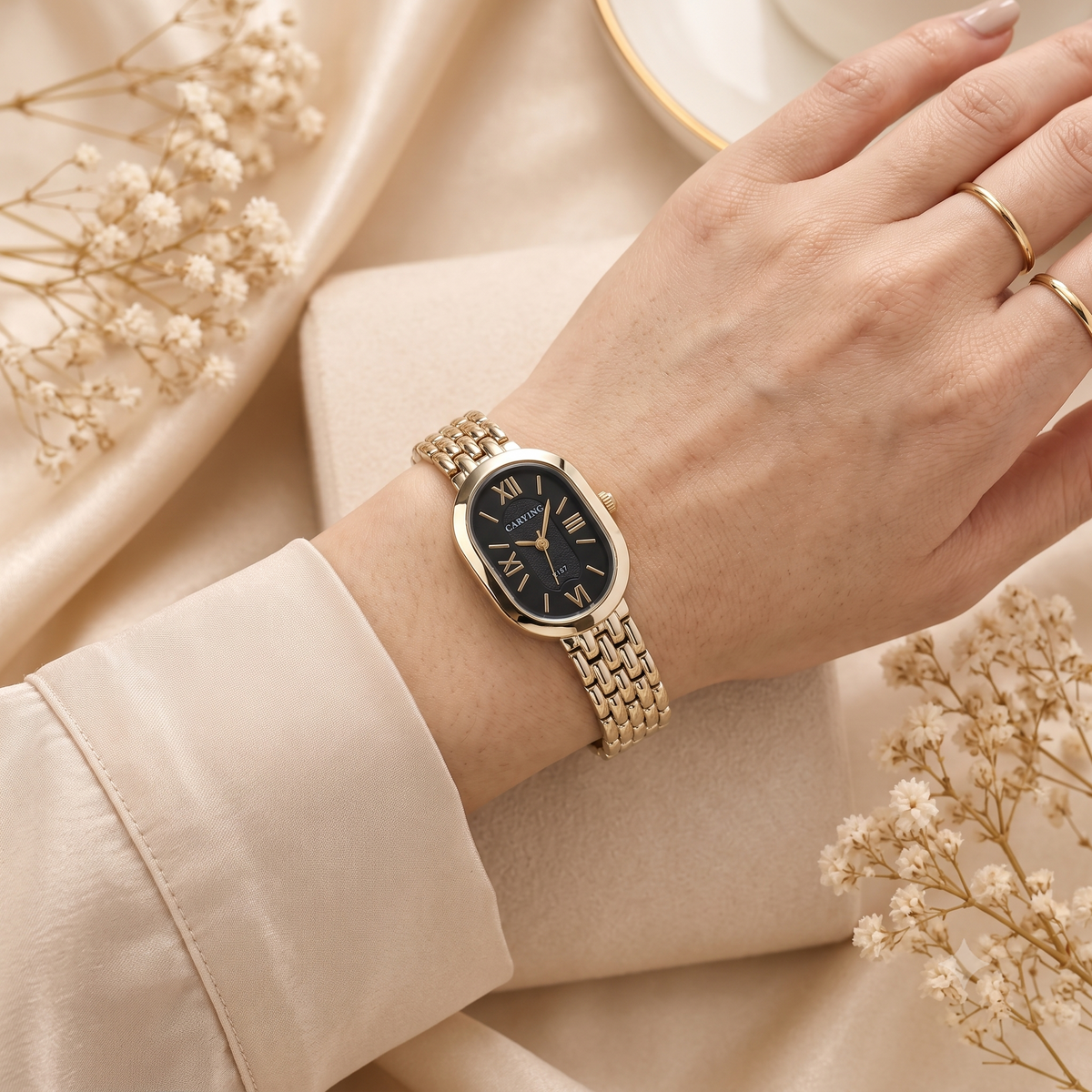 Minimalist Oval Black Dial Gold Mesh Bracelet Watch (MES100128)