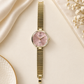 Blush Pink Dial Gold Ribbed Mesh Bangle Watch (MES100129)