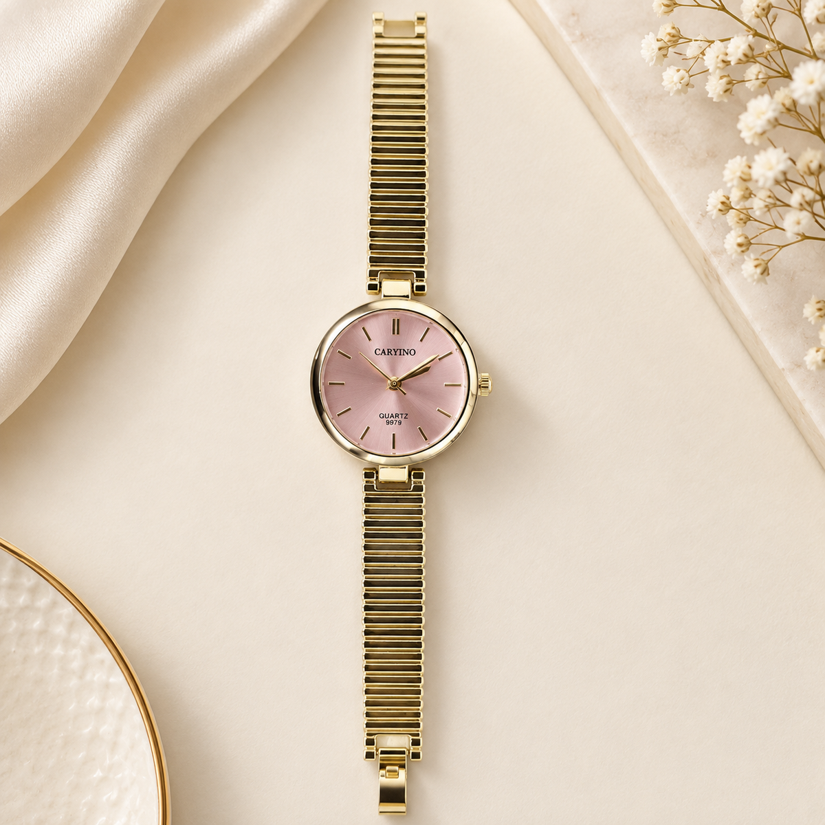 Blush Pink Dial Gold Ribbed Mesh Bangle Watch (MES100129)