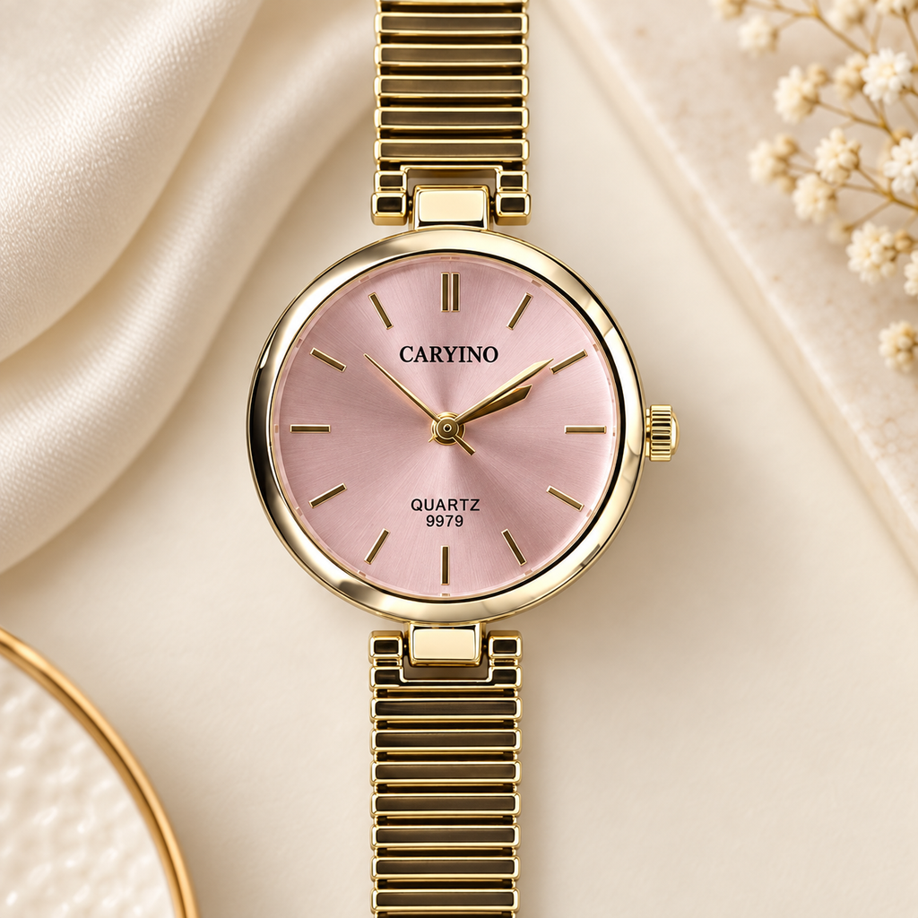 Blush Pink Dial Gold Ribbed Mesh Bangle Watch (MES100129)