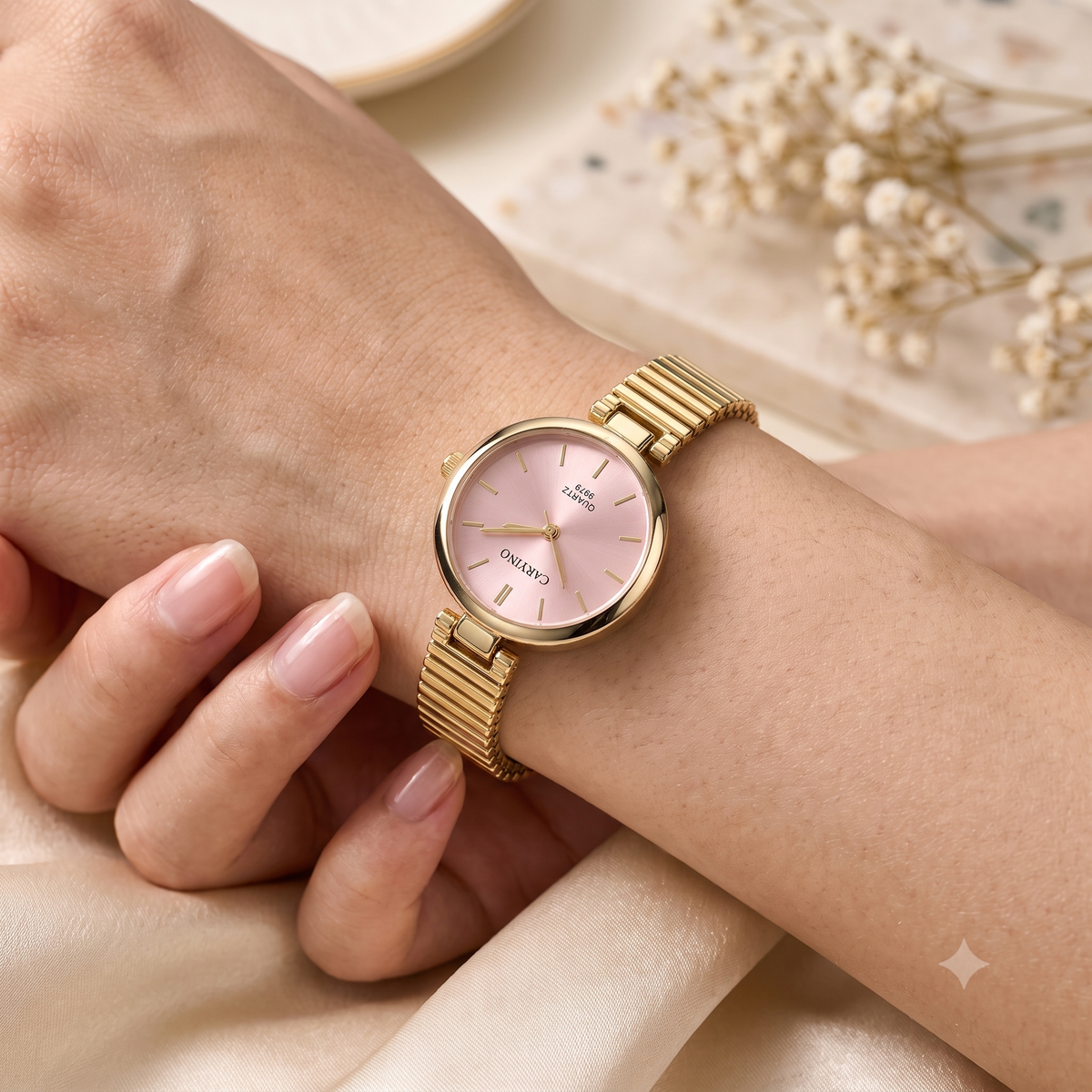 Blush Pink Dial Gold Ribbed Mesh Bangle Watch (MES100129)