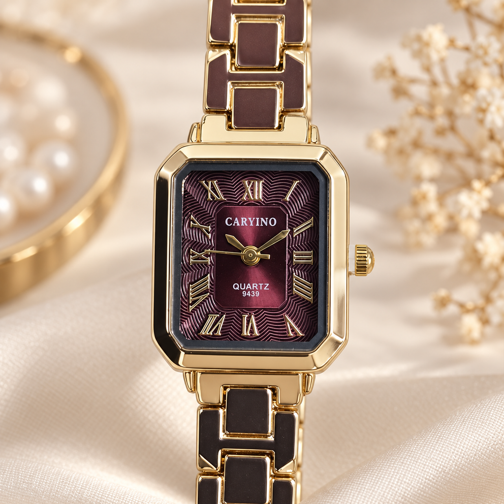 Imperial Wine Red Octagonal Dial Gold Link Watch (MES100131)
