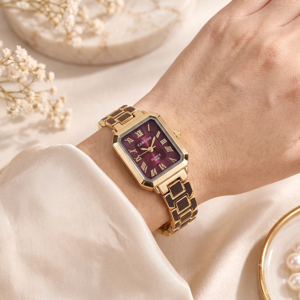 Imperial Wine Red Octagonal Dial Gold Link Watch (MES100131)