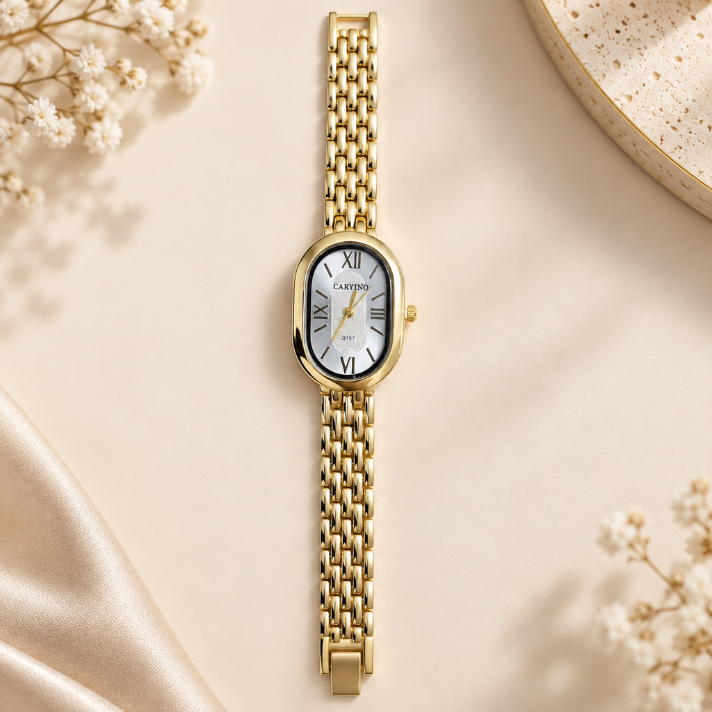 Pearl White Oval Dial Gold Mesh Bracelet Watch (MES100132)