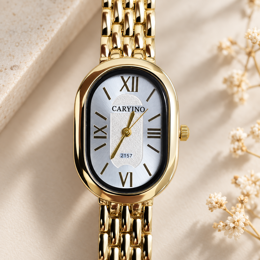 Pearl White Oval Dial Gold Mesh Bracelet Watch (MES100132)