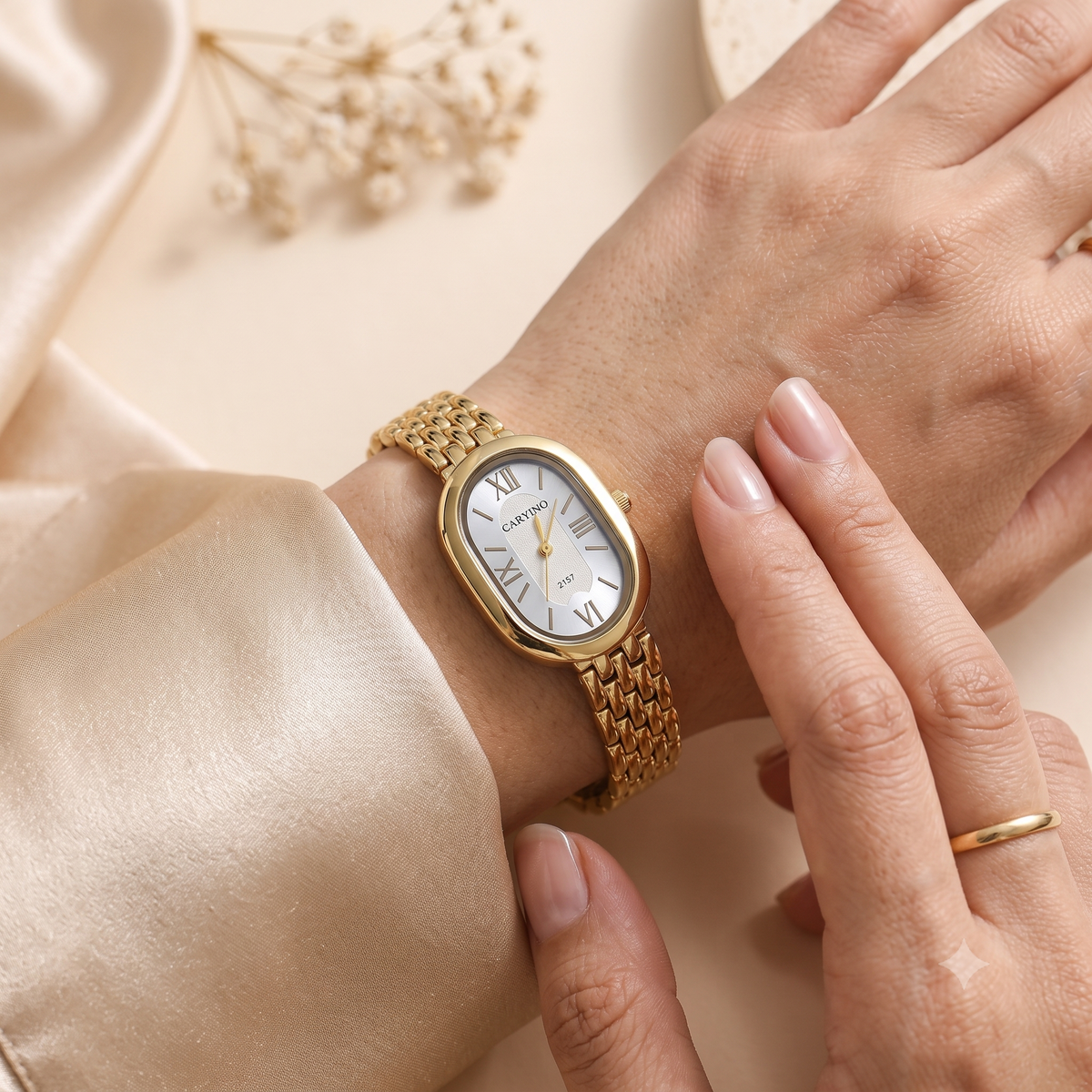 Pearl White Oval Dial Gold Mesh Bracelet Watch (MES100132)