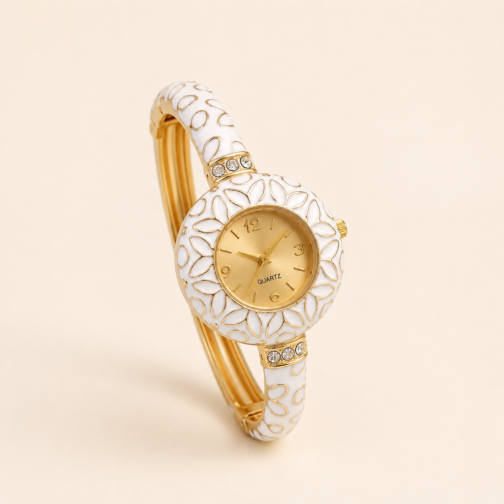 Ivory Petal White Enamel Gold Bangle Watch (MES100013)