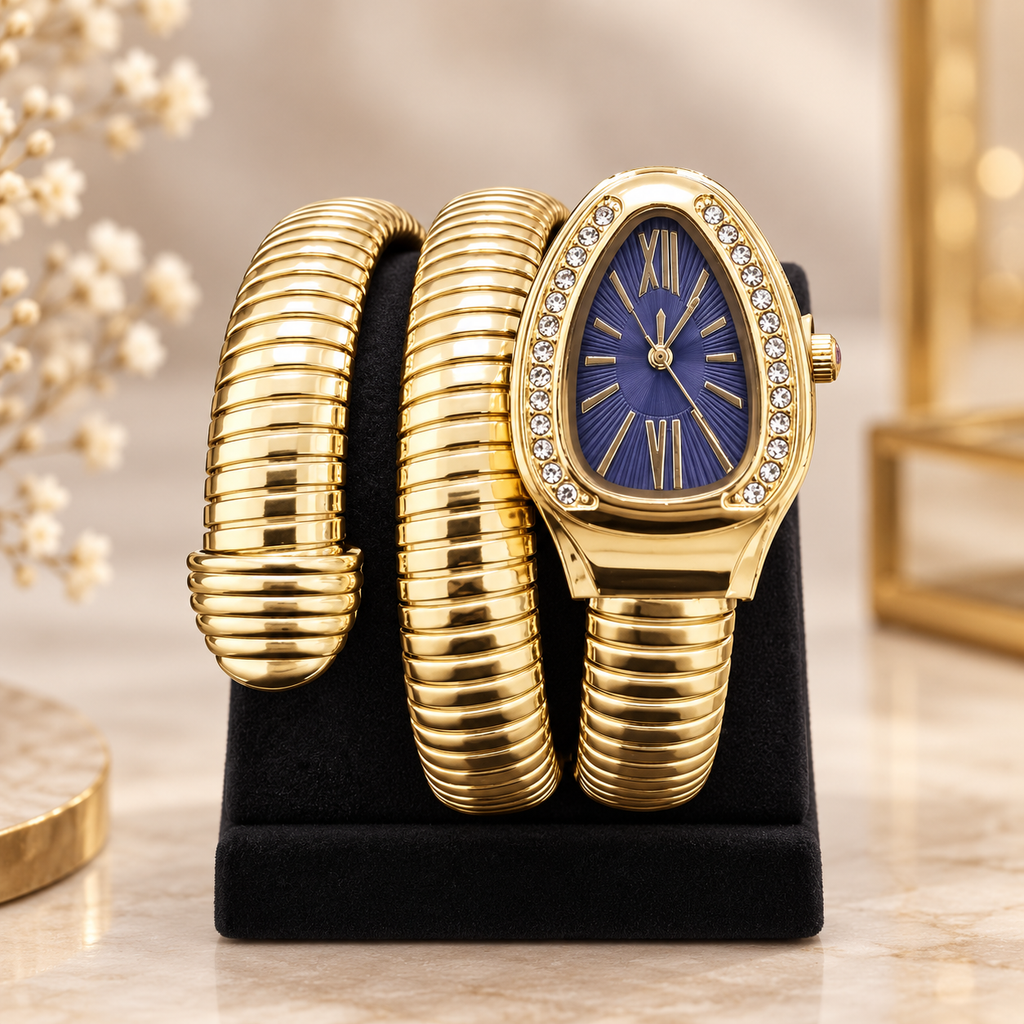 Royal Blue Dial Gold Serpenti Tubogas Coiled Bangle Watch (MES100133)