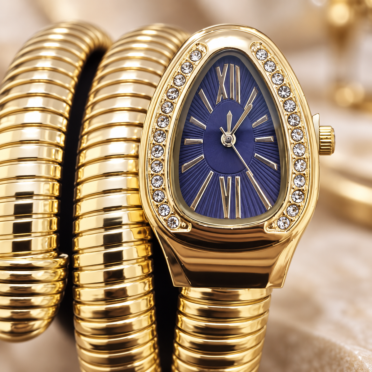 Royal Blue Dial Gold Serpenti Tubogas Coiled Bangle Watch (MES100133)