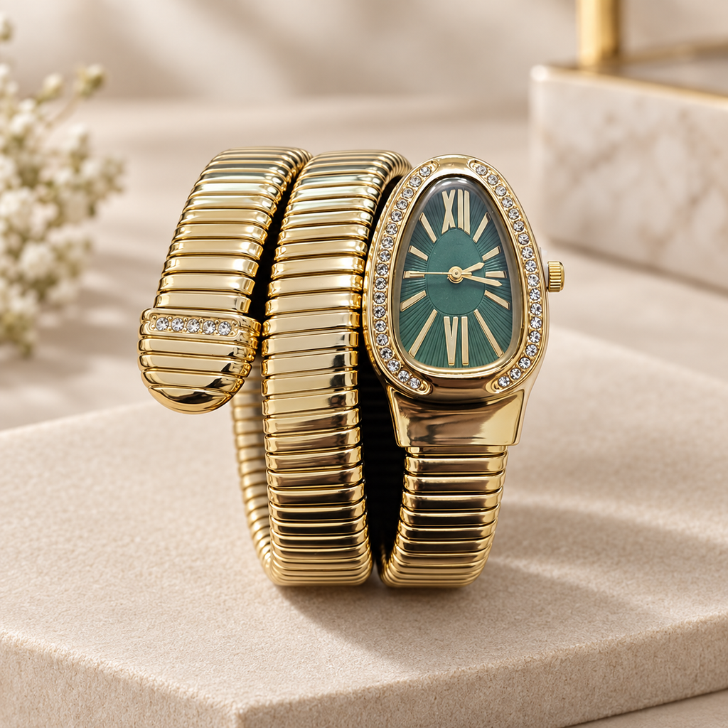 Emerald Green Dial Gold Serpenti Tubogas Coiled Bangle Watch (MES100134)