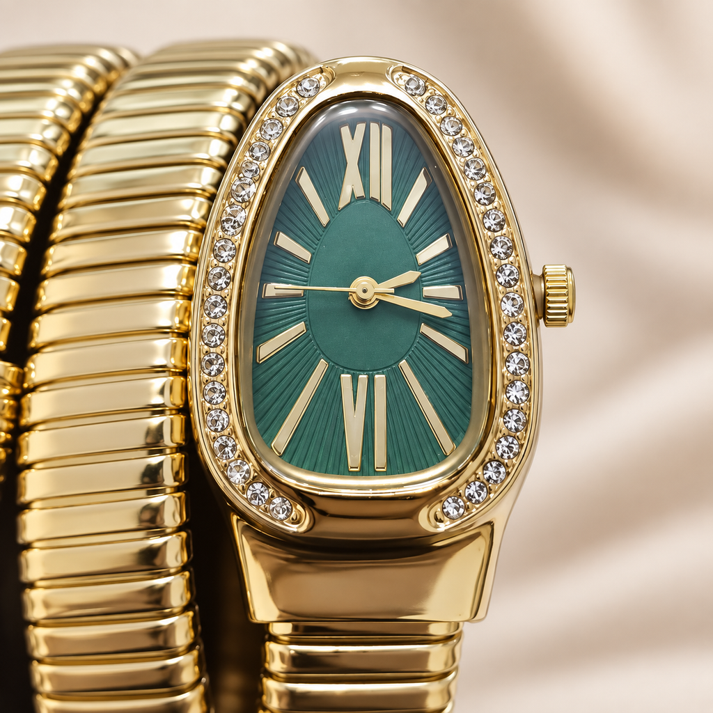 Emerald Green Dial Gold Serpenti Tubogas Coiled Bangle Watch (MES100134)