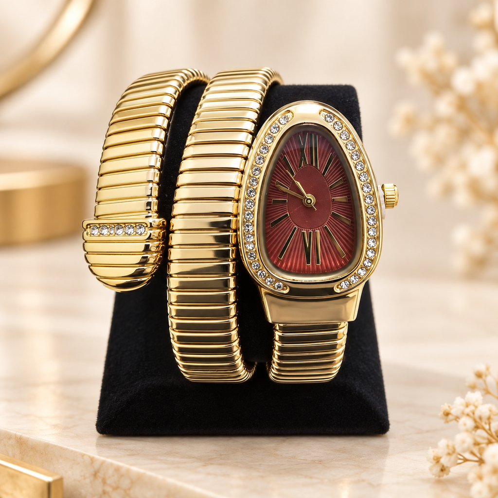 Ruby Red Dial Gold Serpenti Tubogas Coiled Bangle Watch (MES100136)