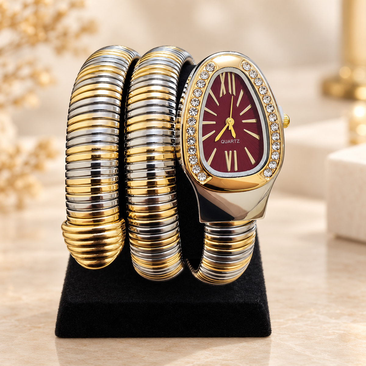 Two-Tone Silver & Gold Ruby Red Dial Serpenti Tubogas Bangle Watch (MES100137)