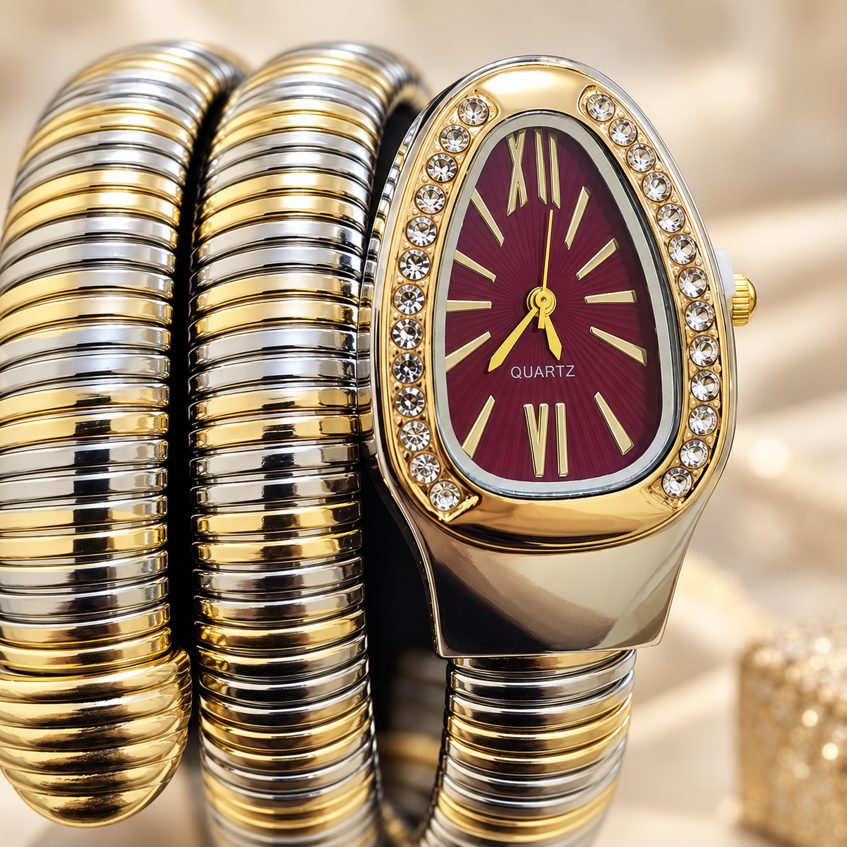 Two-Tone Silver & Gold Ruby Red Dial Serpenti Tubogas Bangle Watch (MES100137)