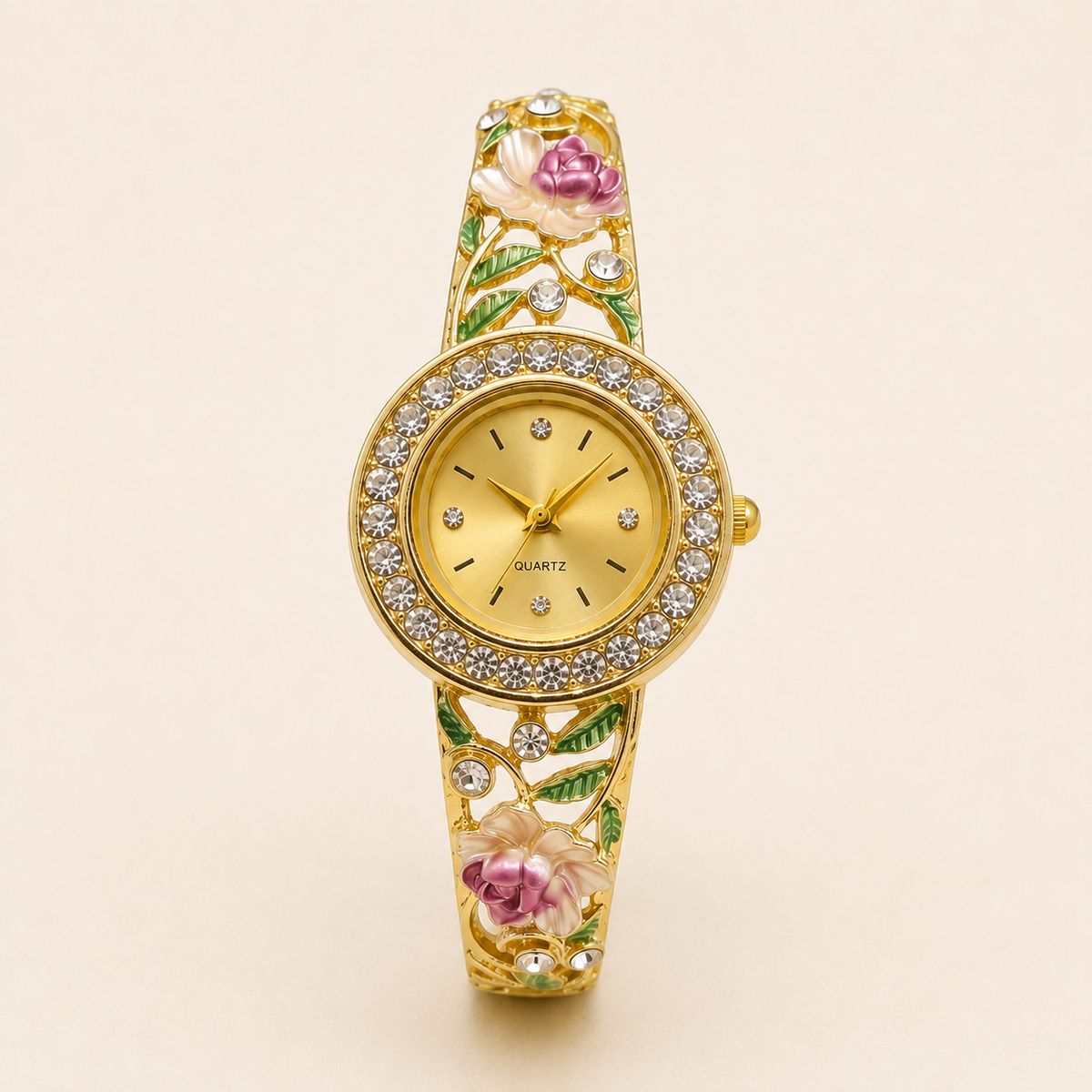 Dusty Rose Floral Enamel Gold Bangle Watch (MES100014)