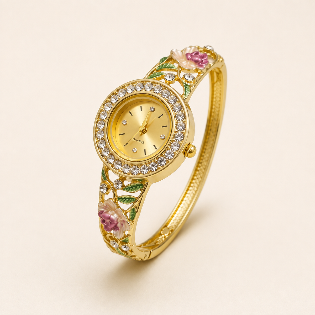 Dusty Rose Floral Enamel Gold Bangle Watch (MES100014)