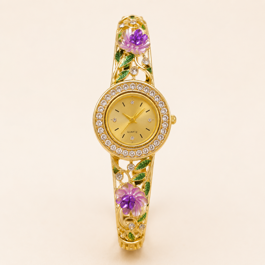 Purple Blossom Filigree Floral Gold Bangle Watch (MES100015)