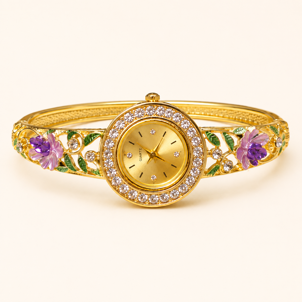 Purple Blossom Filigree Floral Gold Bangle Watch (MES100015)