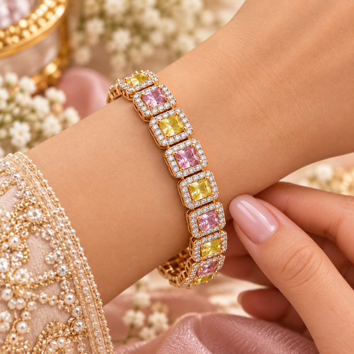 Alternating Pink & Yellow Cushion-Cut Halo Silver Bracelet (MES100155)