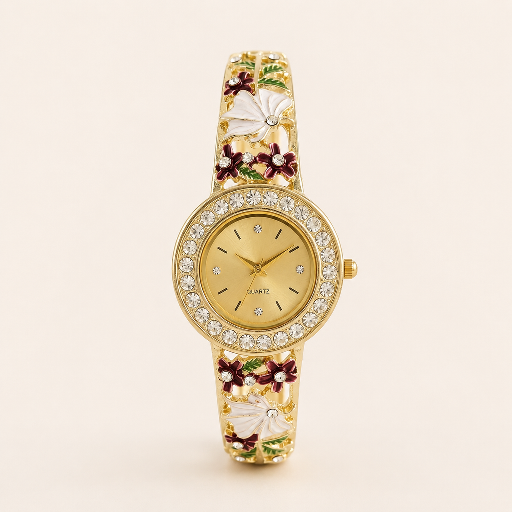 Creamy Floral Burgundy Enamel Gold Bangle Watch (MES100016)