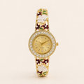 Creamy Floral Burgundy Enamel Gold Bangle Watch (MES100016)