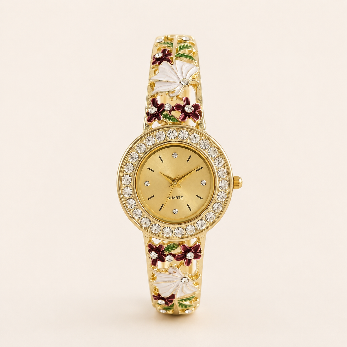 Creamy Floral Burgundy Enamel Gold Bangle Watch (MES100016)