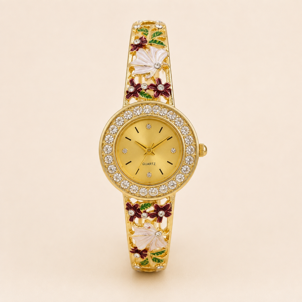 Creamy Floral Burgundy Enamel Gold Bangle Watch (MES100016)