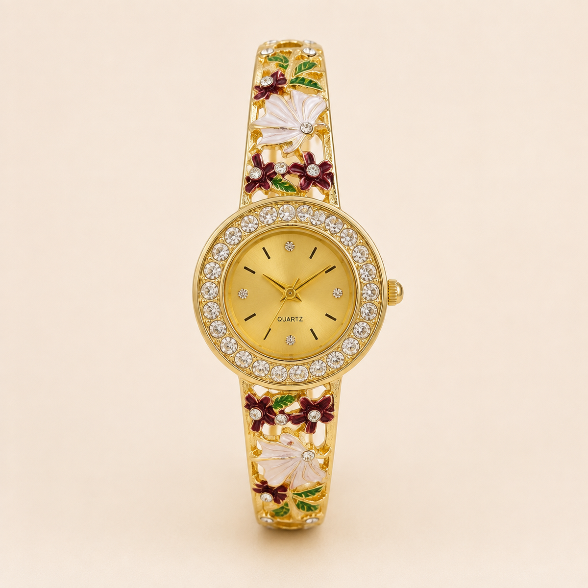 Creamy Floral Burgundy Enamel Gold Bangle Watch (MES100016)