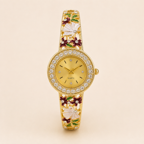 Creamy Floral Burgundy Enamel Gold Bangle Watch (MES100016)