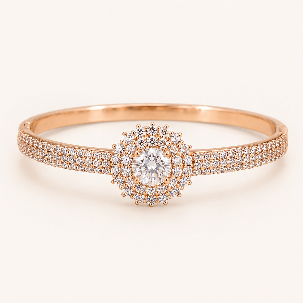 Solitaire Halo Rose Gold Pave Bangle Bracelet (MES100017)