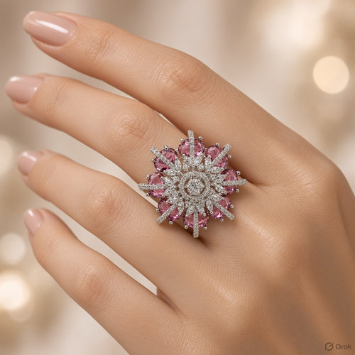 Amethyst-Purple Crystal Snowflake Flower Statement Ring (MES100178)