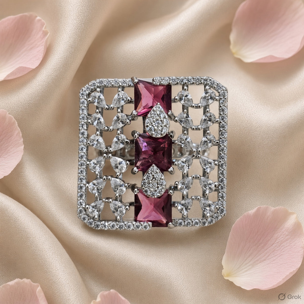 Modern Architectural Ruby & Crystal Square Cocktail Ring (MES100183)