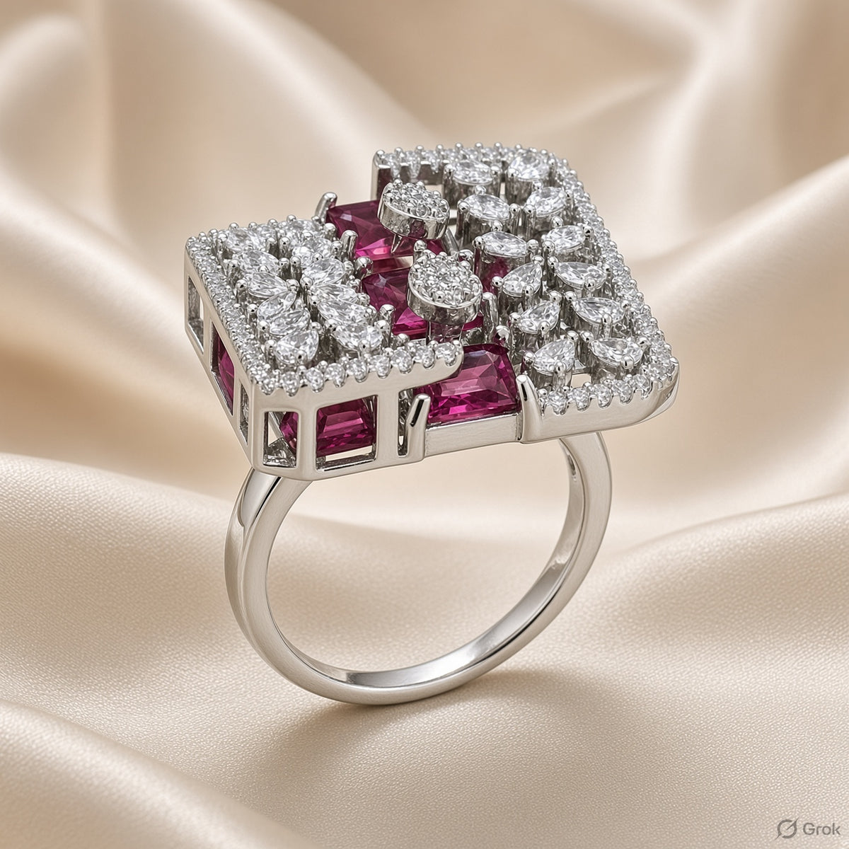 Modern Architectural Ruby & Crystal Square Cocktail Ring (MES100183)