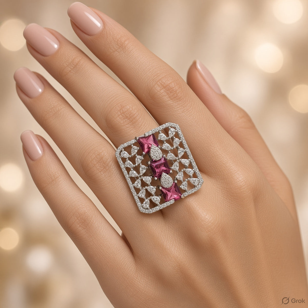 Modern Architectural Ruby & Crystal Square Cocktail Ring (MES100183)