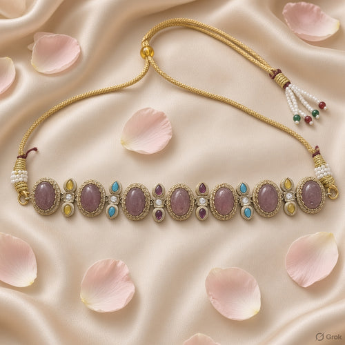 Antique Gold Rose Quartz Choker & Stud Earrings Set (MES100192)