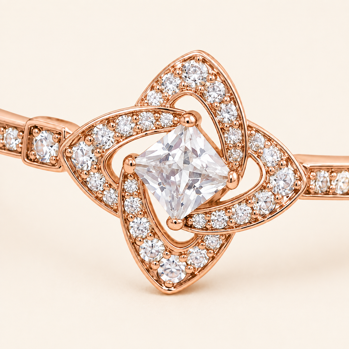 Cushion Cut Solitaire Knot Rose Gold Bangle (MES100019)