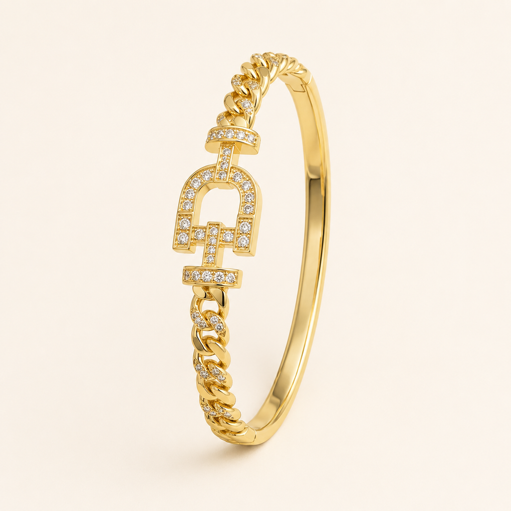 Pave Initial D Cuban Link Gold Bangle (MES100021)