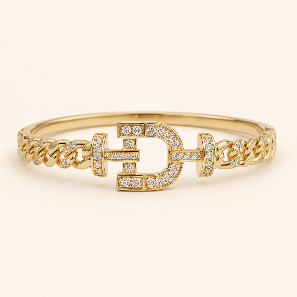 Pave Initial D Cuban Link Gold Bangle (MES100021)