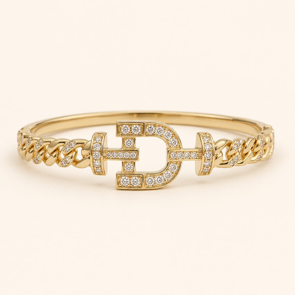 Pave Initial D Cuban Link Gold Bangle (MES100021)